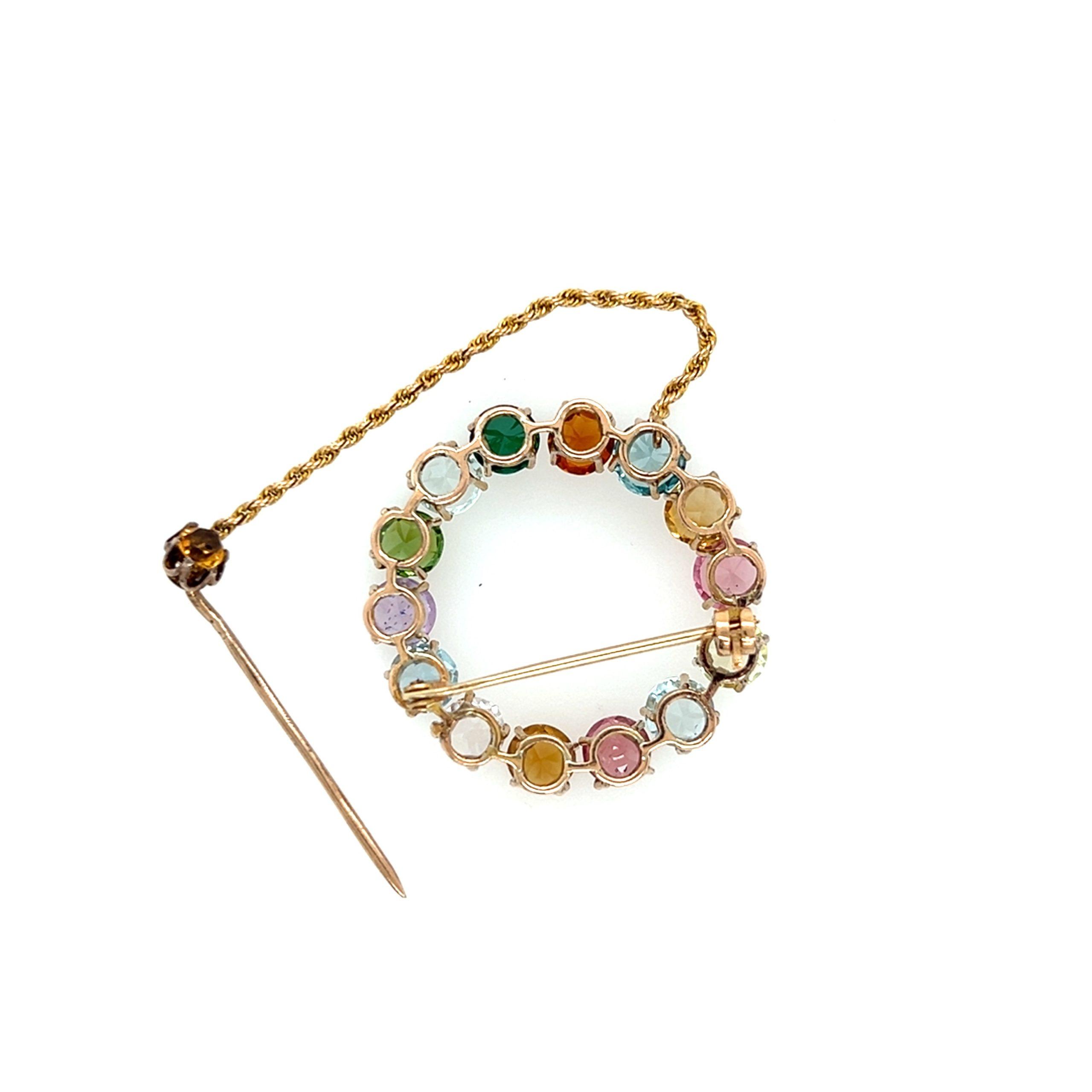 Estate 14K Rose Gold Multi-Gemstone Vintage Circle Brooch