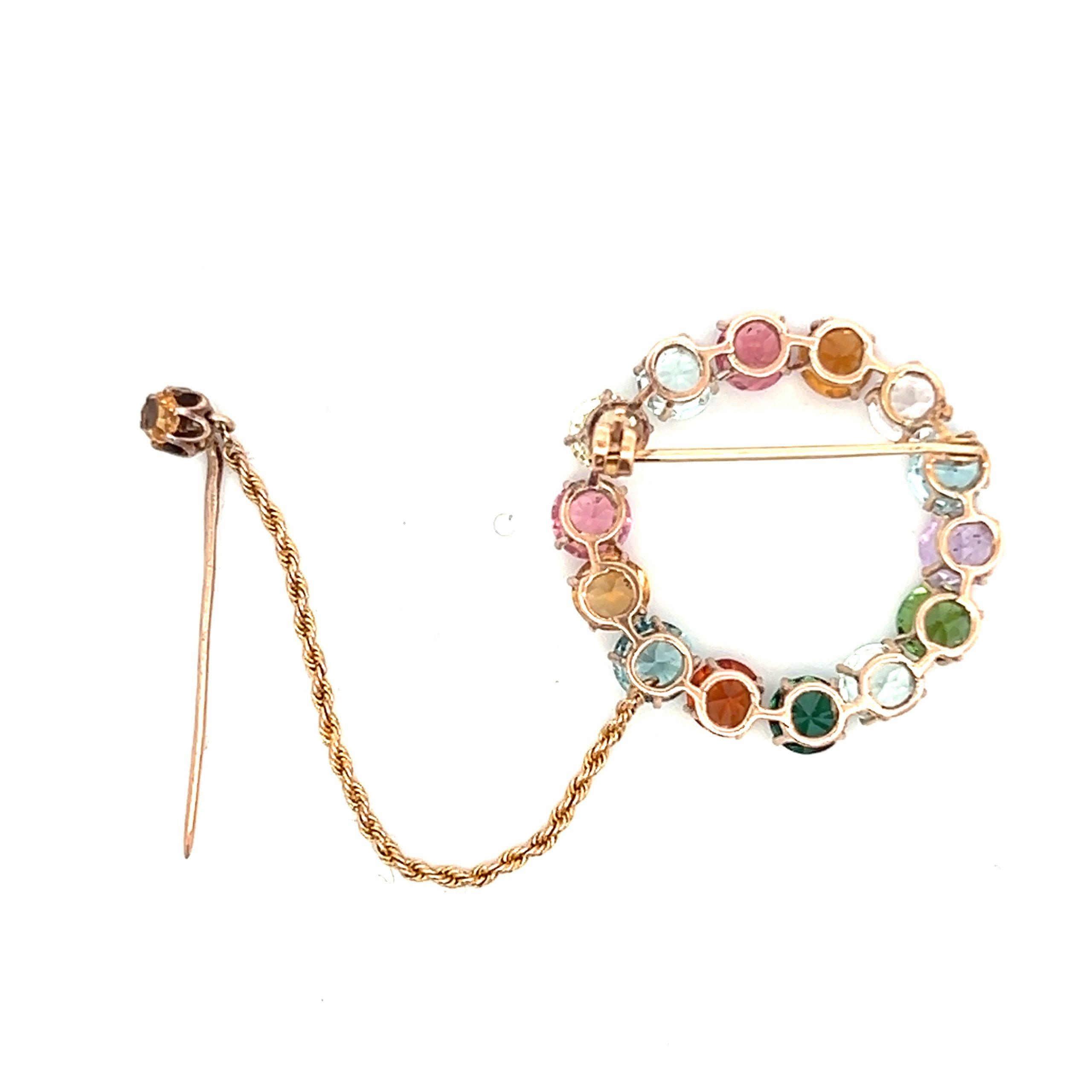 Estate 14K Rose Gold Multi-Gemstone Vintage Circle Brooch