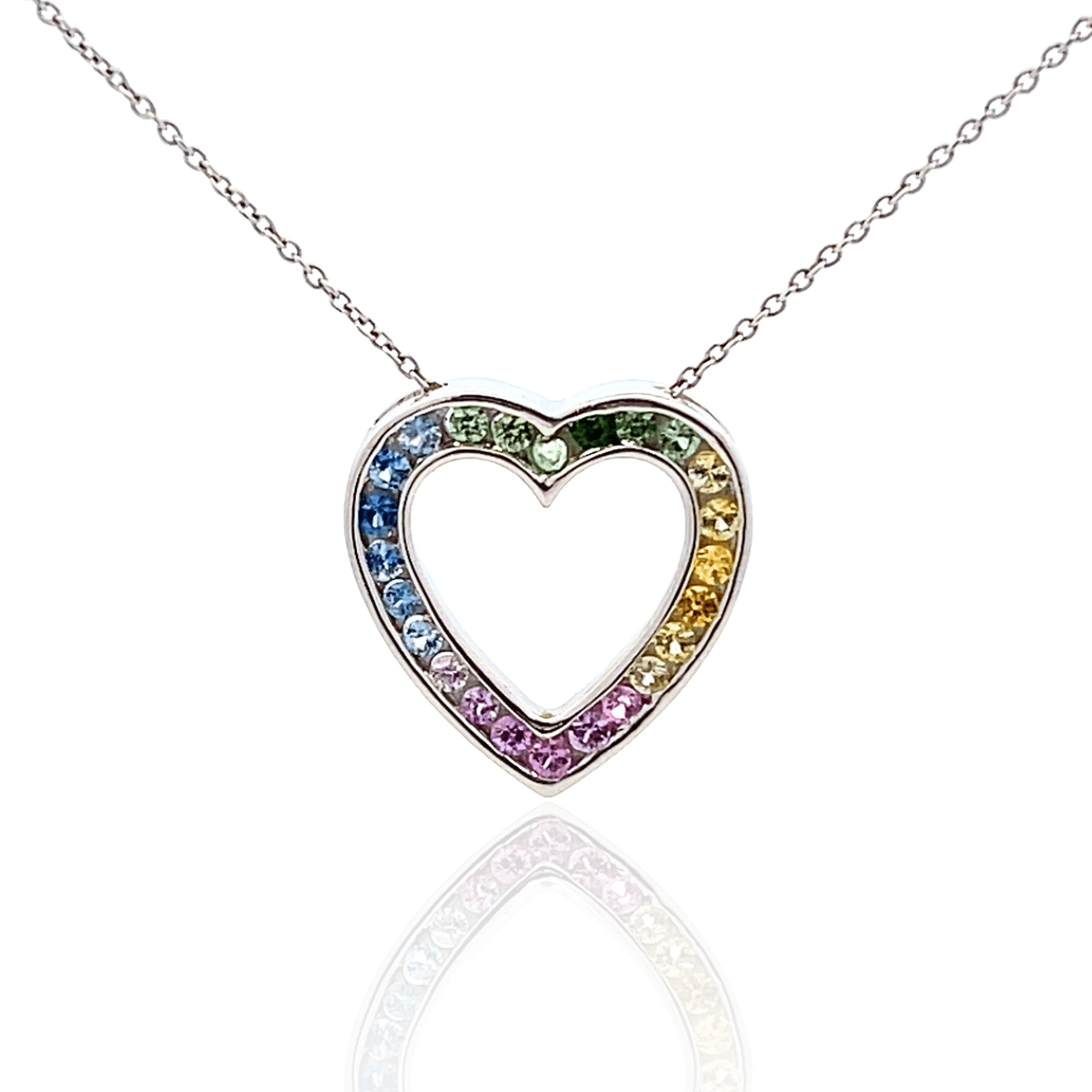Estate 14K White Gold Multi-Color Sapphire Heart Pendant Necklace