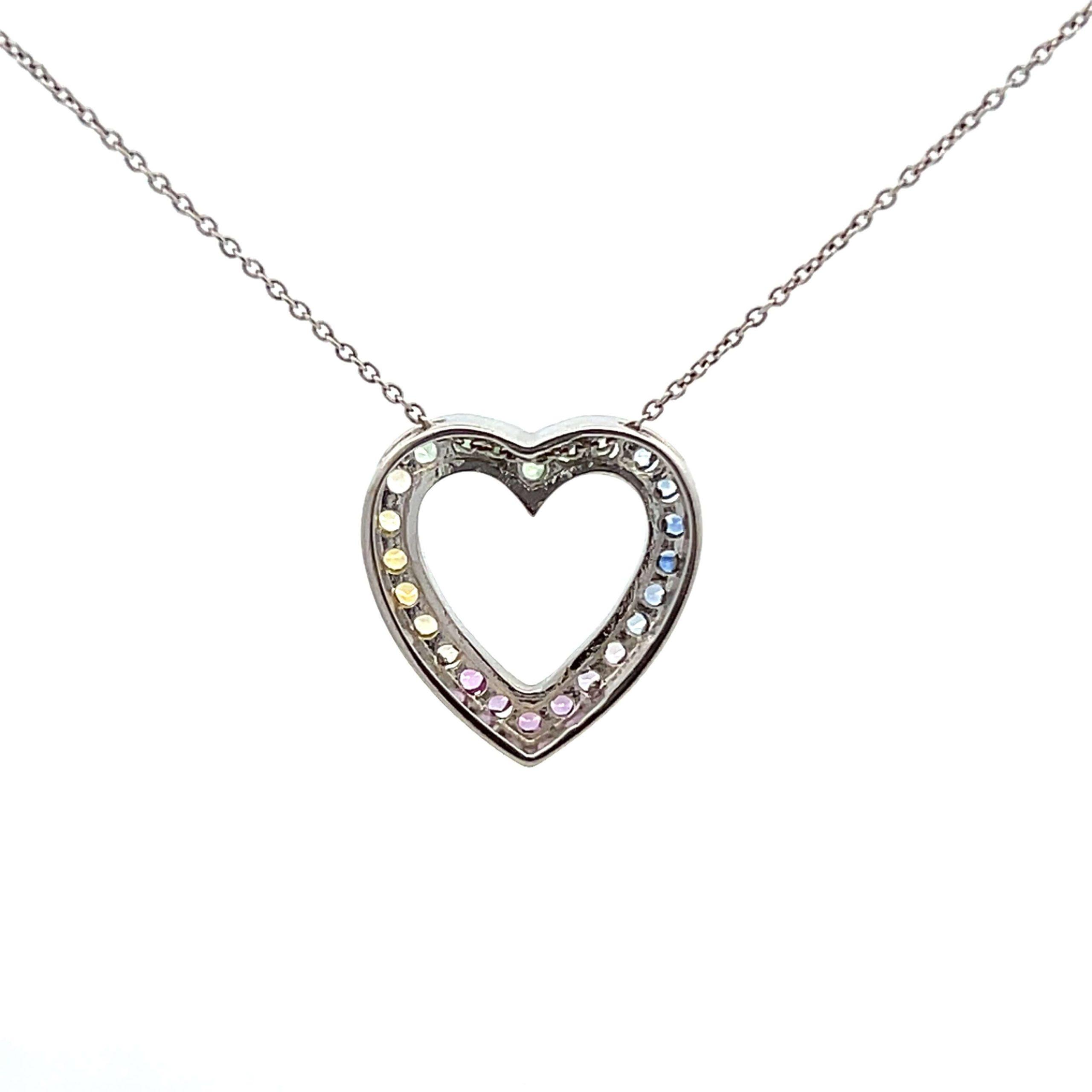 Estate 14K White Gold Multi-Color Sapphire Heart Pendant Necklace