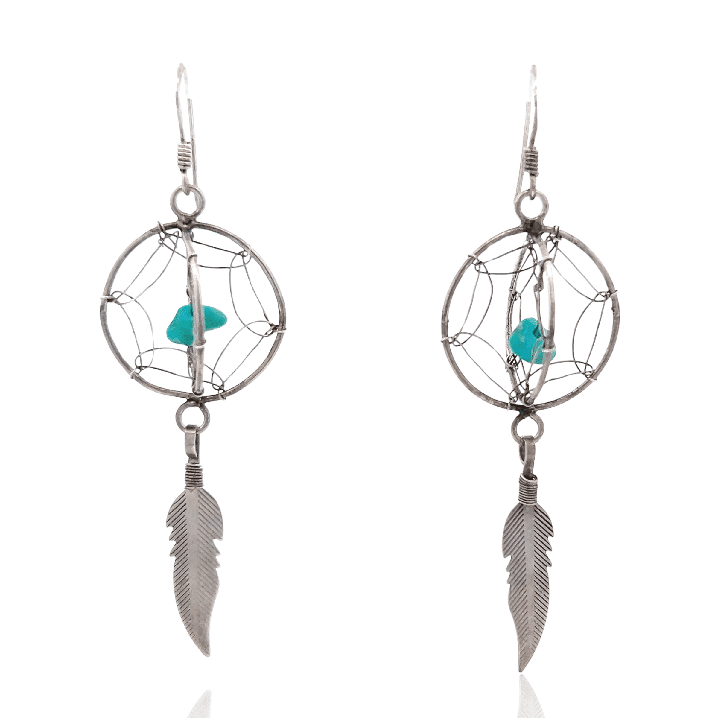 Estate Sterling Silver Turquoise Dream Catcher Drop Earrings
