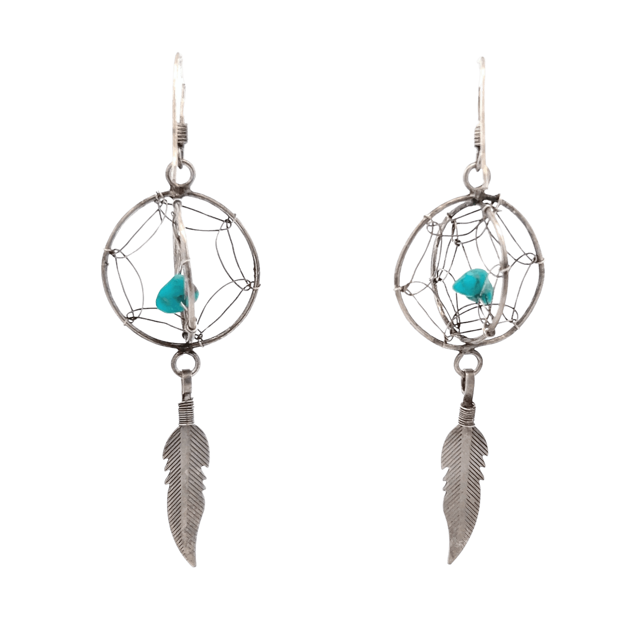 Estate Sterling Silver Turquoise Dream Catcher Drop Earrings