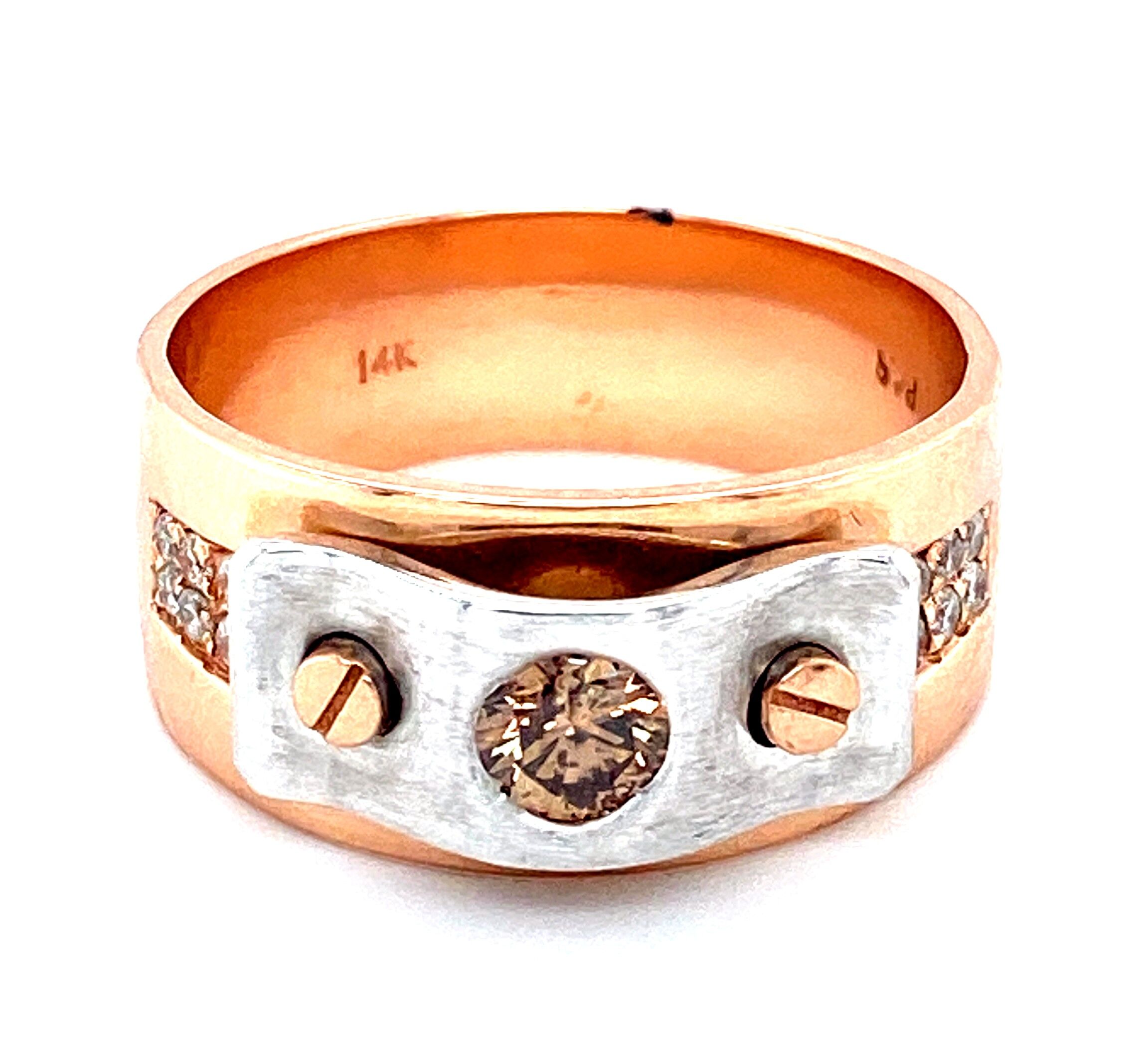 Screw Top Men's Band with Diamonds in Rose and White Gold