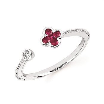 Clover Ring with Rubies and Diamond in White Gold