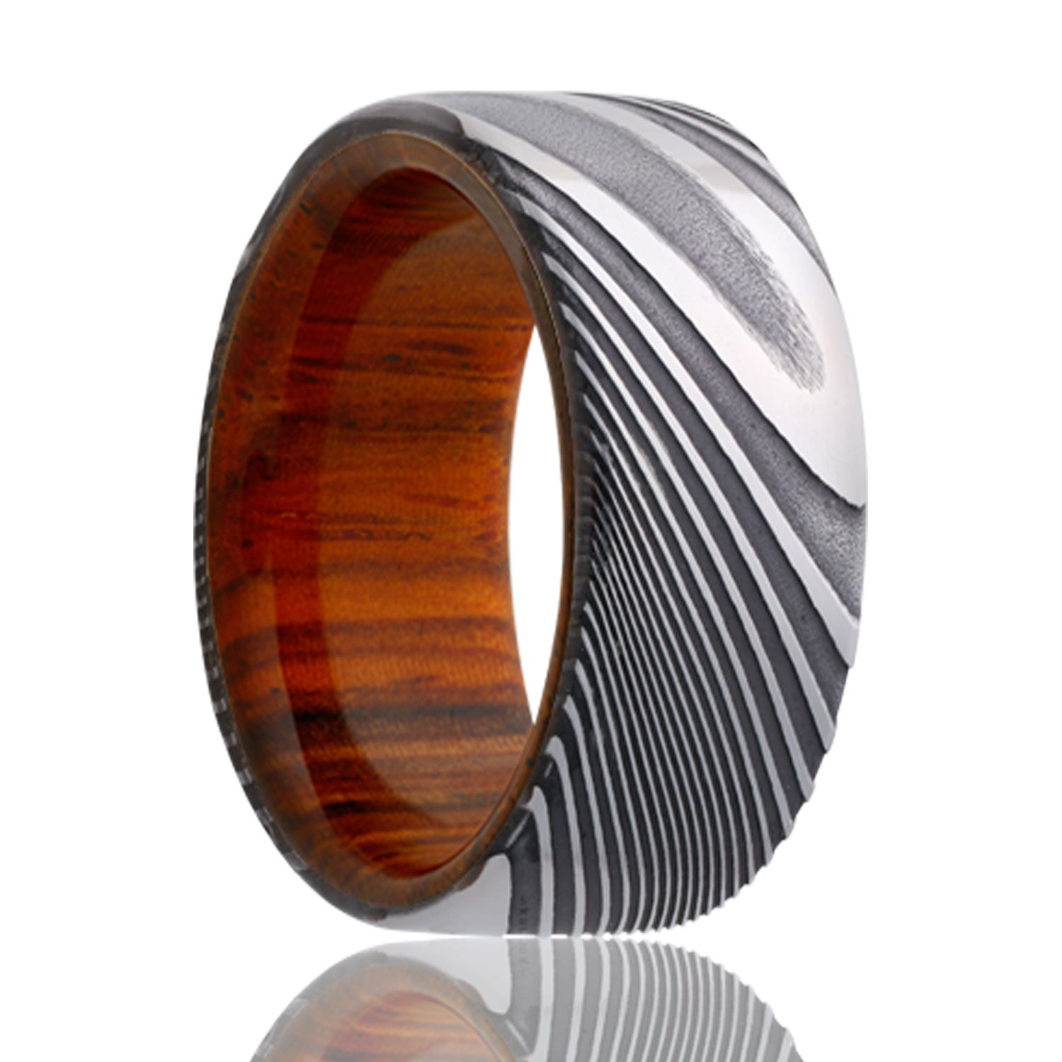 Damascus Steel Cocobolo Wood Sleeve Comfort Fit Band