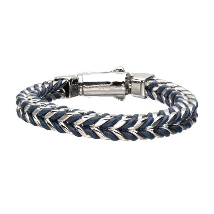Stainless Steel and Blue Leather Bracelet