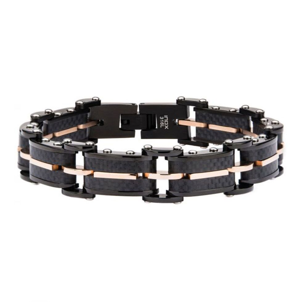 Black Stainless Steel Carbon Graphite and Rose Gold Plated Link Bracelet