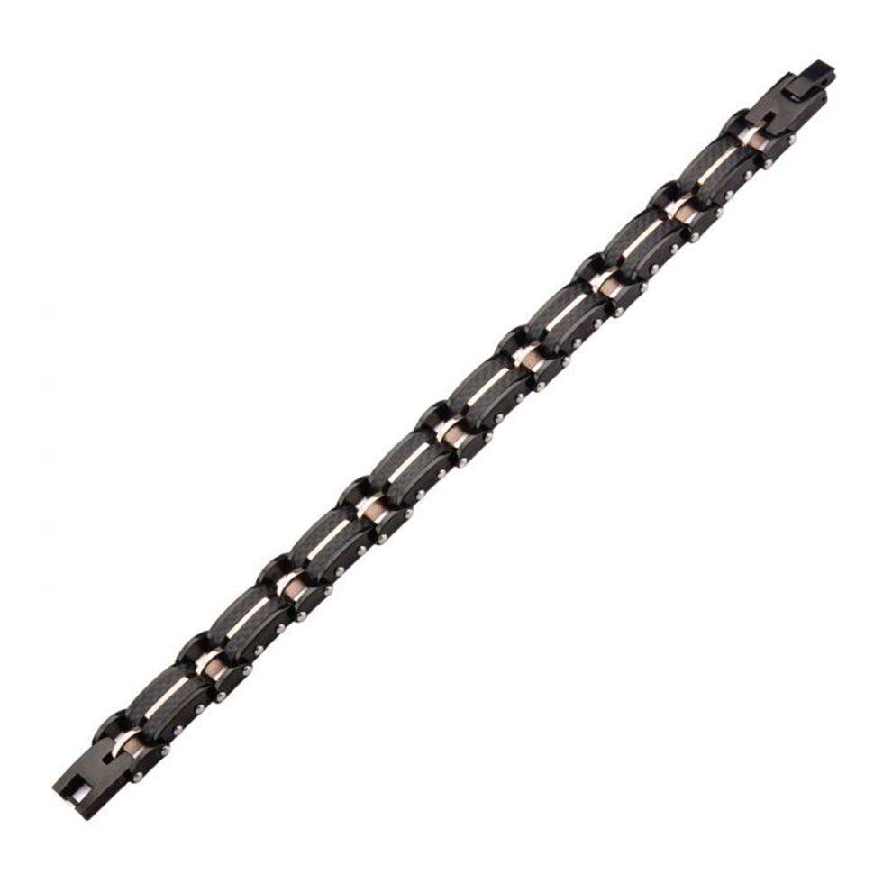 Black Stainless Steel Carbon Graphite and Rose Gold Plated Link Bracelet - Image 2
