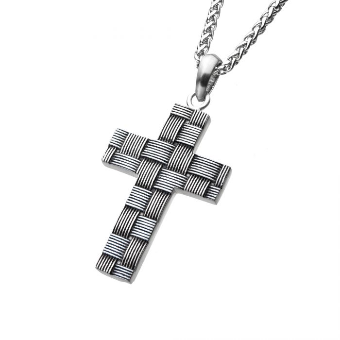mens cross pendant with a basket weave pattern in stainless steel on stainless steel chain