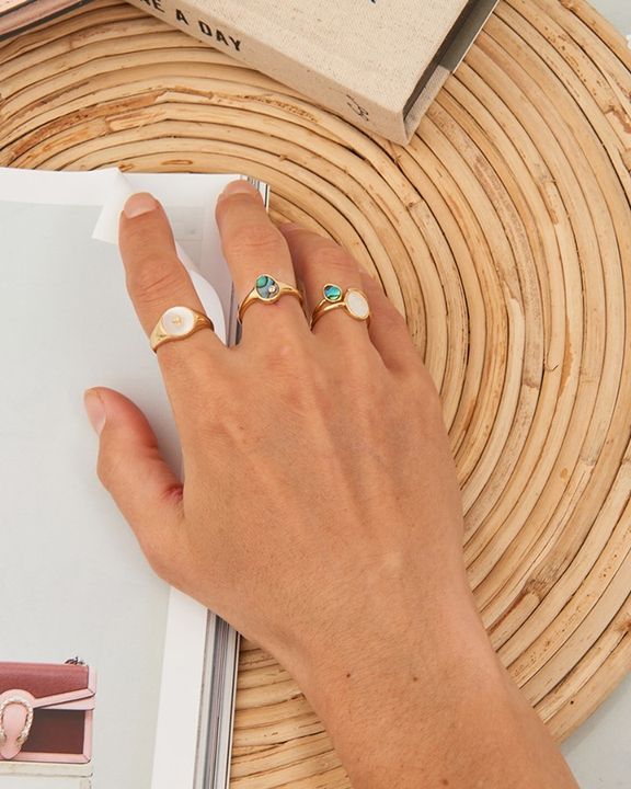 tidal abalone adjustable signet ring on model