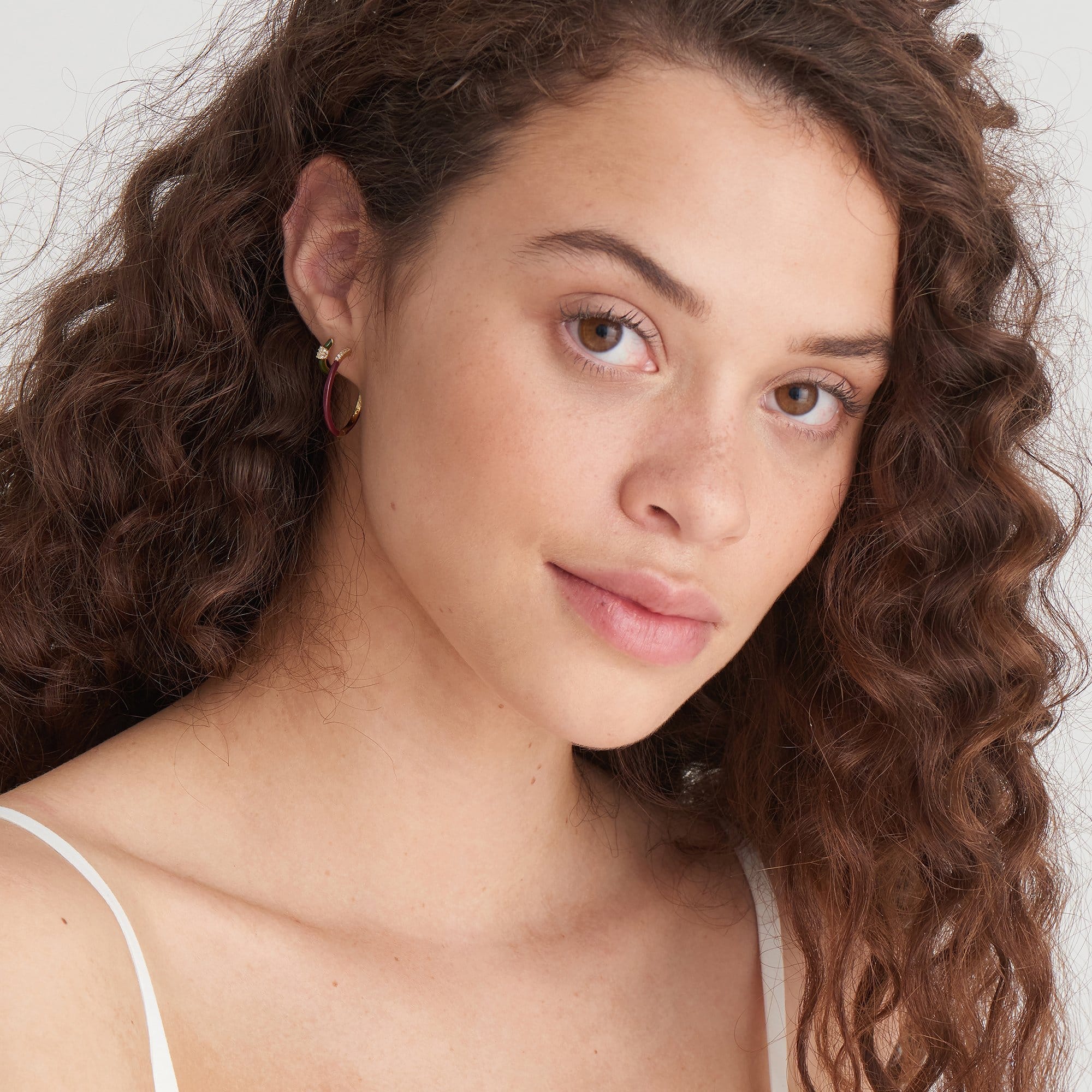 Claret Red Enamel Sparkle Hoops on Model