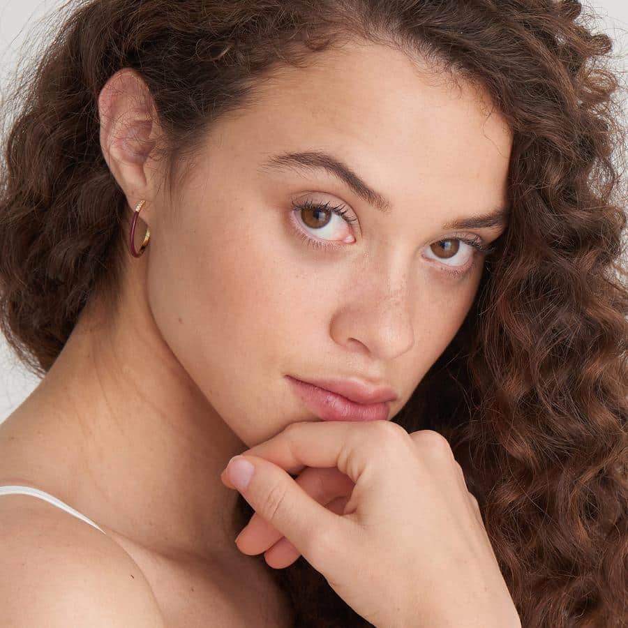 Claret Red Enamel Sparkle Hoops on Model