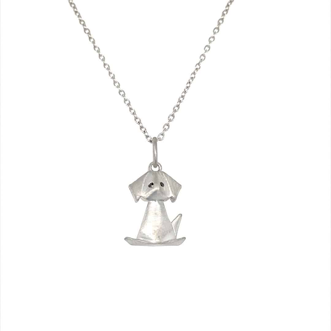 Black Diamond Origami Dog Pendant Necklace in Sterling Silver