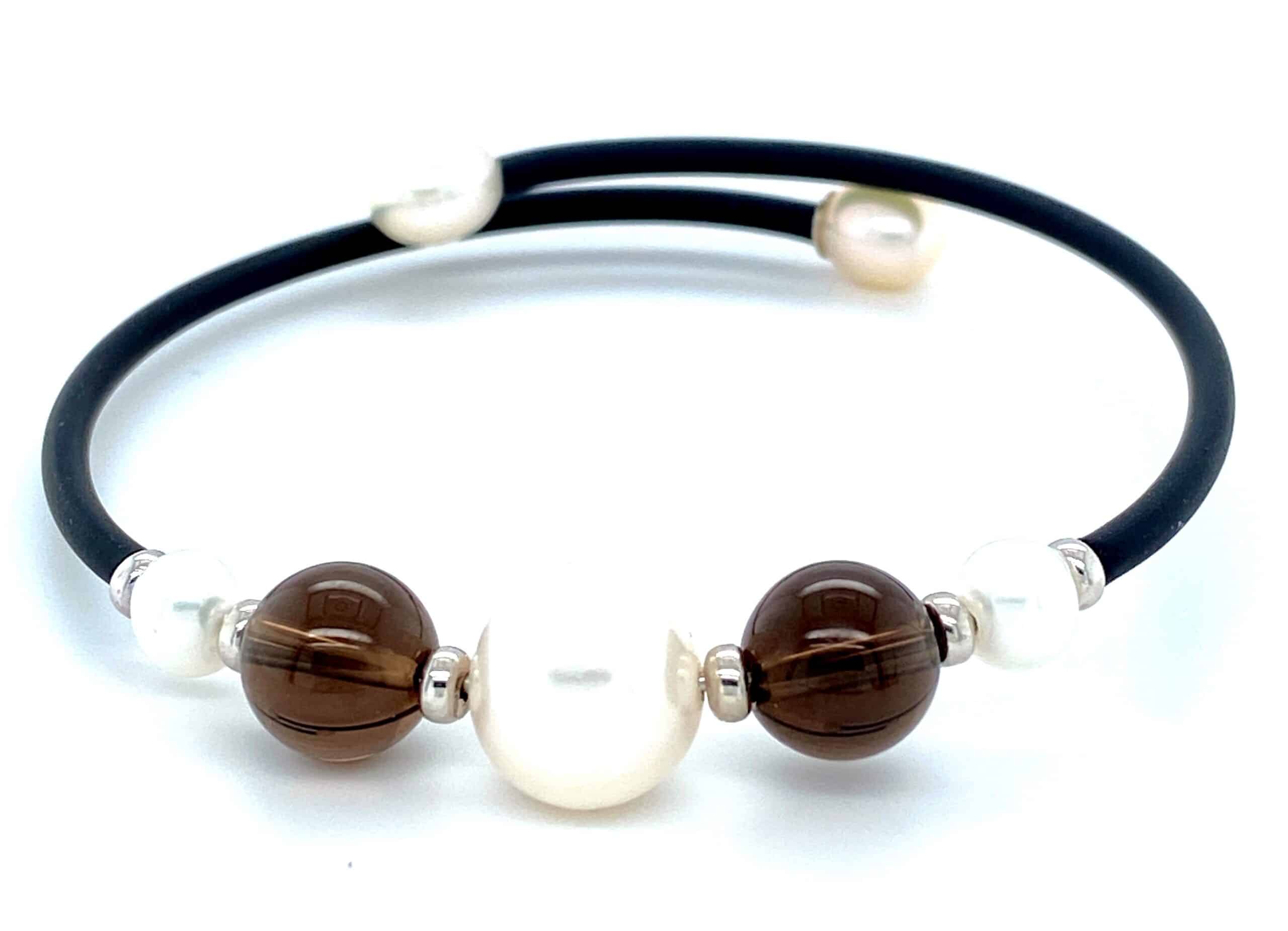 Freshwater Pearl and Smoky Quartz Bead Wrap Bracelet in Sterling Silver and Black Rubber