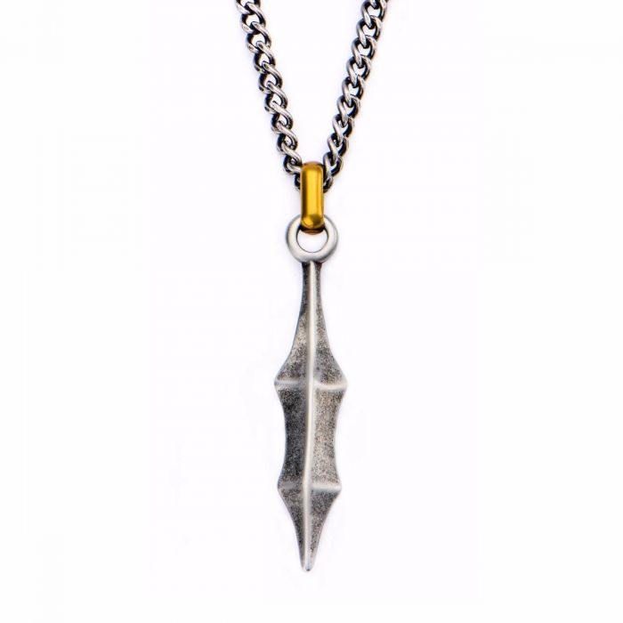 Antique Finish Medieval Blade Pendant Necklace in Stainless Steel and Yellow Gold Plating