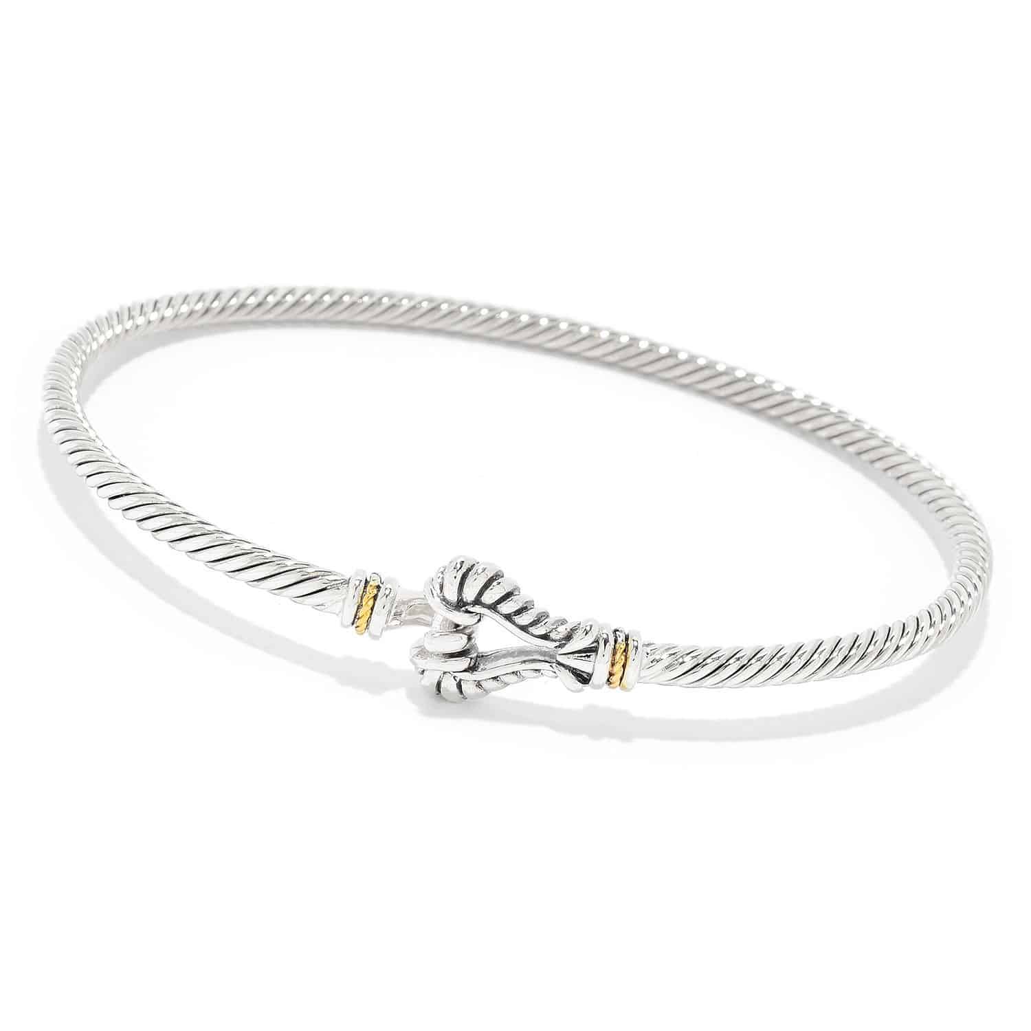 Simple Love Twist Cable Hook Bangle Bracelet in Sterling Silver and 18k Yellow Gold by Samuel B.