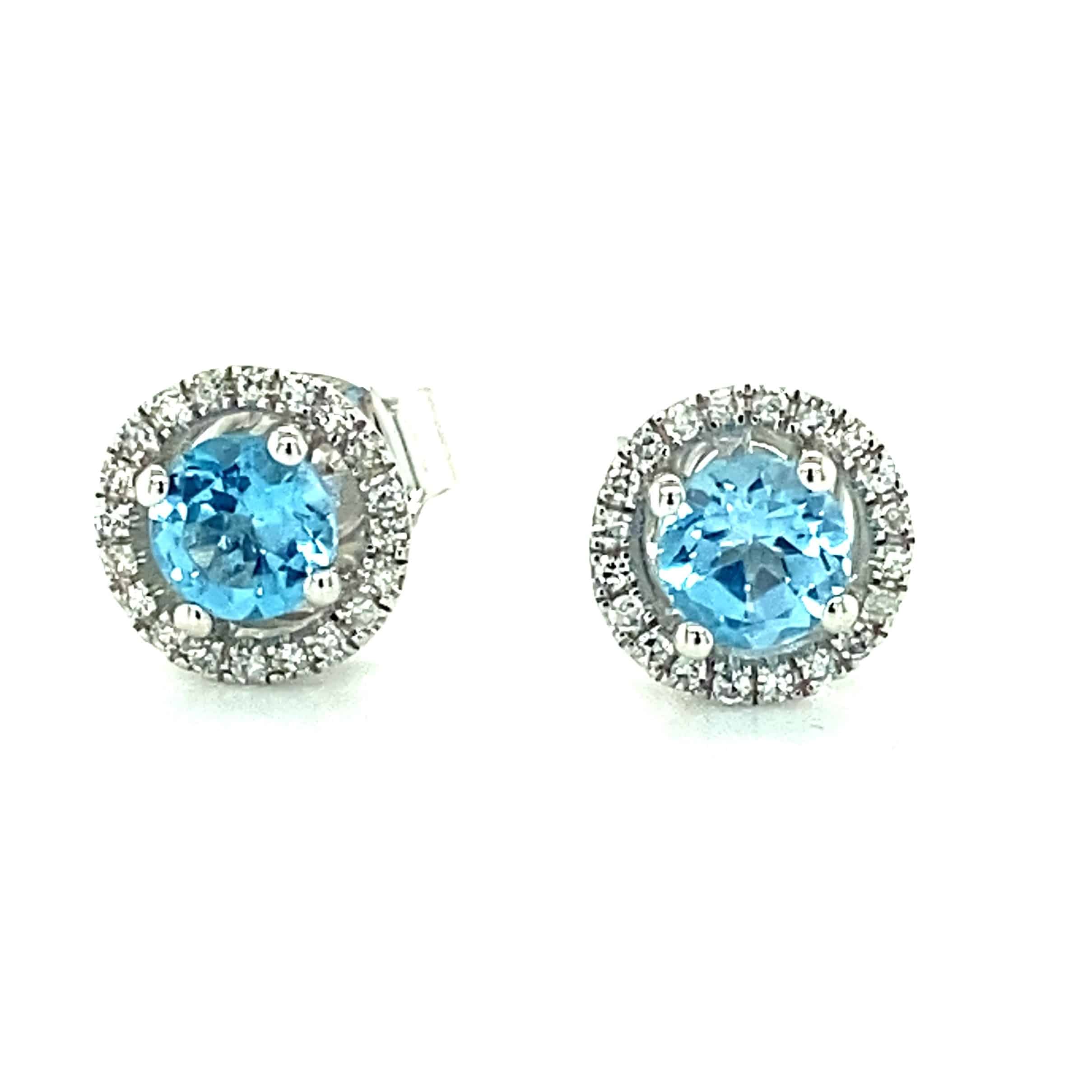 Birthstone and Diamond Halo Stud Earrings in 14k Gold by Lali - Swiss Blue Topaz