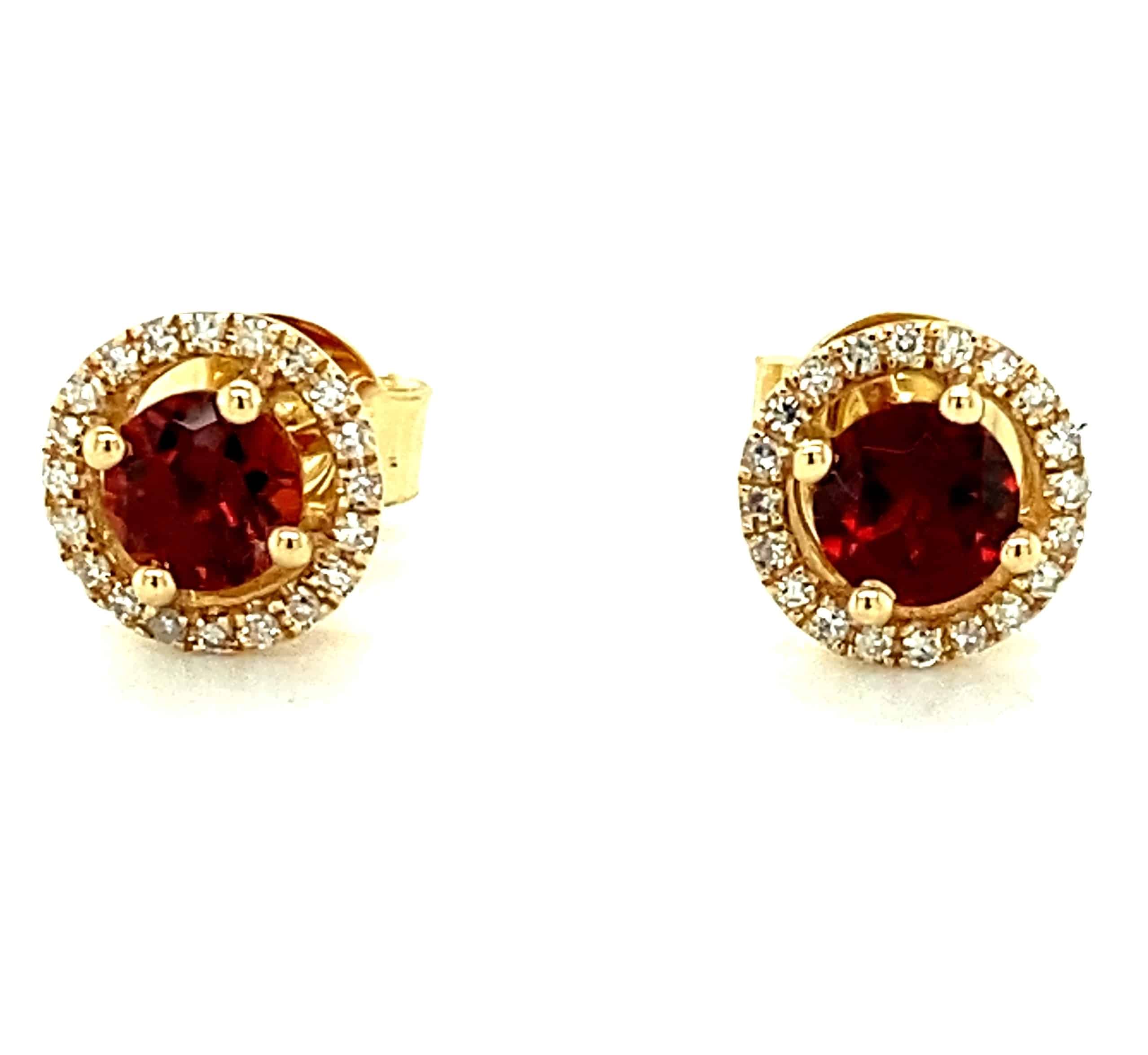Birthstone and Diamond Halo Stud Earrings in 14k Gold by Lali - Garnet