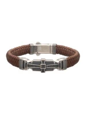 Black Cubic Zirconia Deco Bracelet in Brown Leather and Sterling Silver