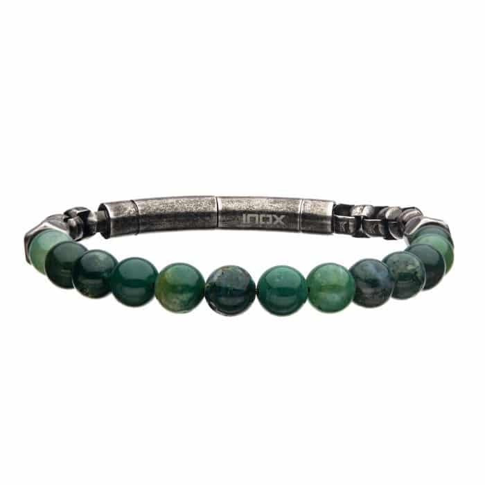 Moss Agate Antiqued Stainless Steel Bracelet