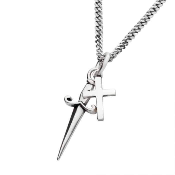 Sterling Silver Dagger and Cross Pendant Necklace