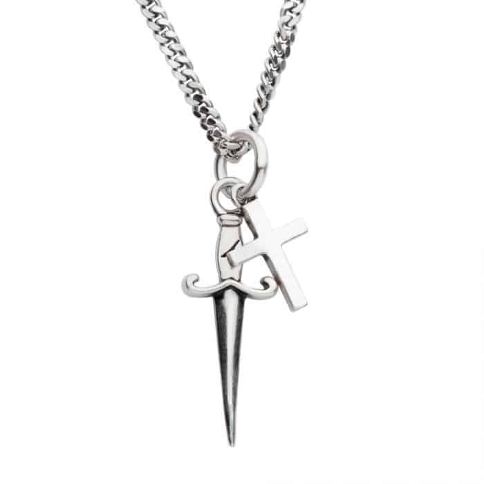 Sterling Silver Dagger and Cross Pendant Necklace