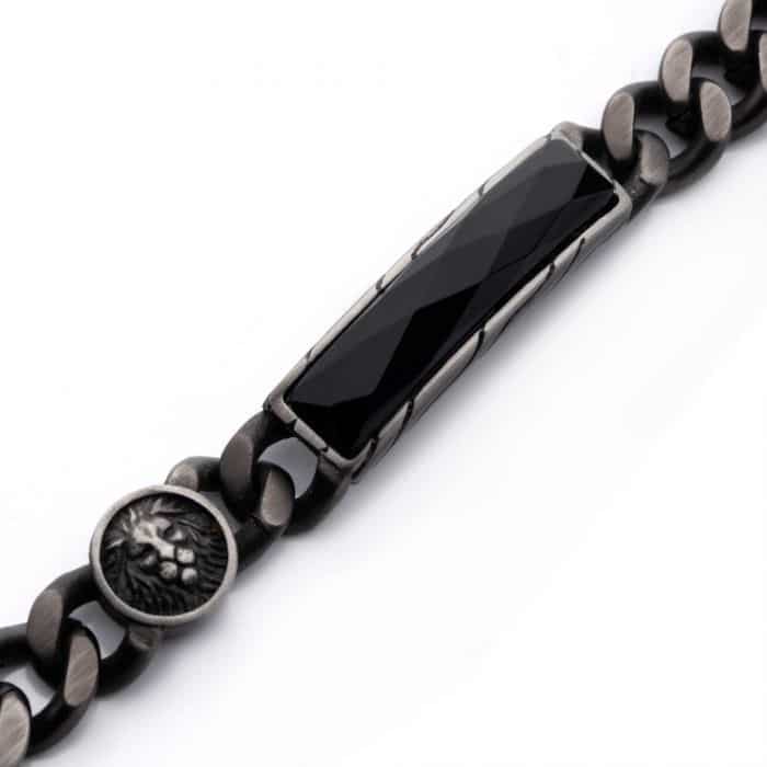 Black Agate and Lions Head Gun Metal Bracelet