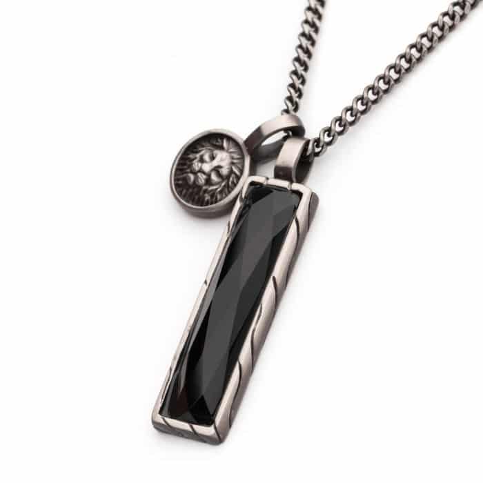 Black Agate and Lions Head Gun Metal Double Pendant Necklace