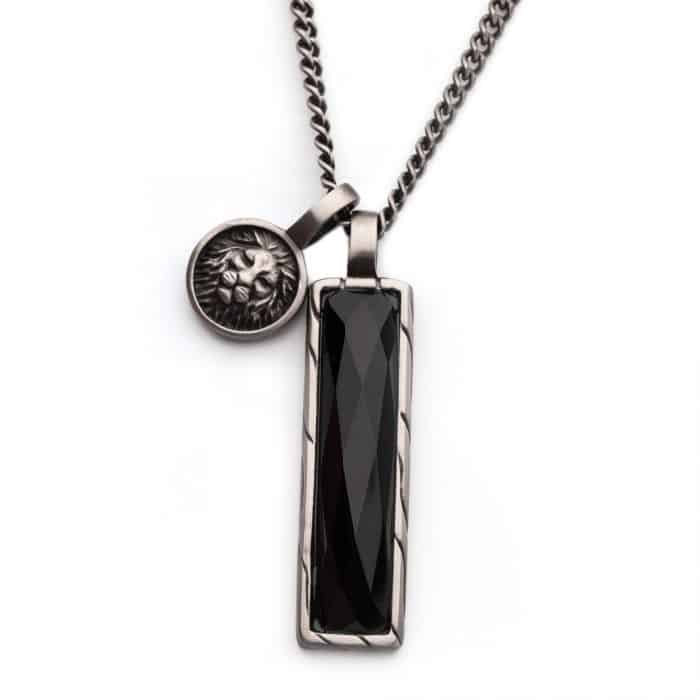 Black Agate and Lions Head Gun Metal Double Pendant Necklace