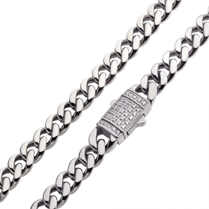 Pave Cubic Zirconia Cuban Link Chain Necklace - silver tone