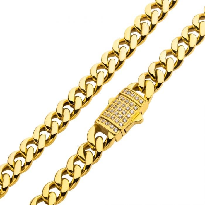 Pave Cubic Zirconia Cuban Link Chain Necklace - gold tone