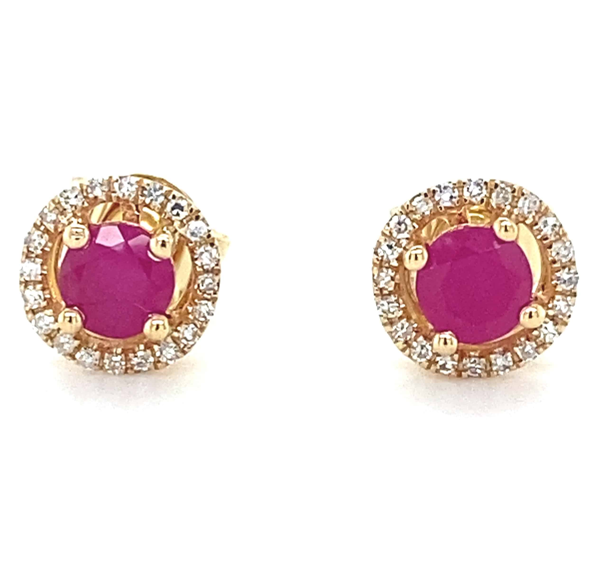 Ruby and Diamond Halo Stud Earrings in 14k Yellow Gold by Lali