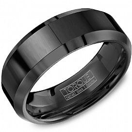 Black Ceramic Beveled Edge Comfort Fit Band By Crown Ring