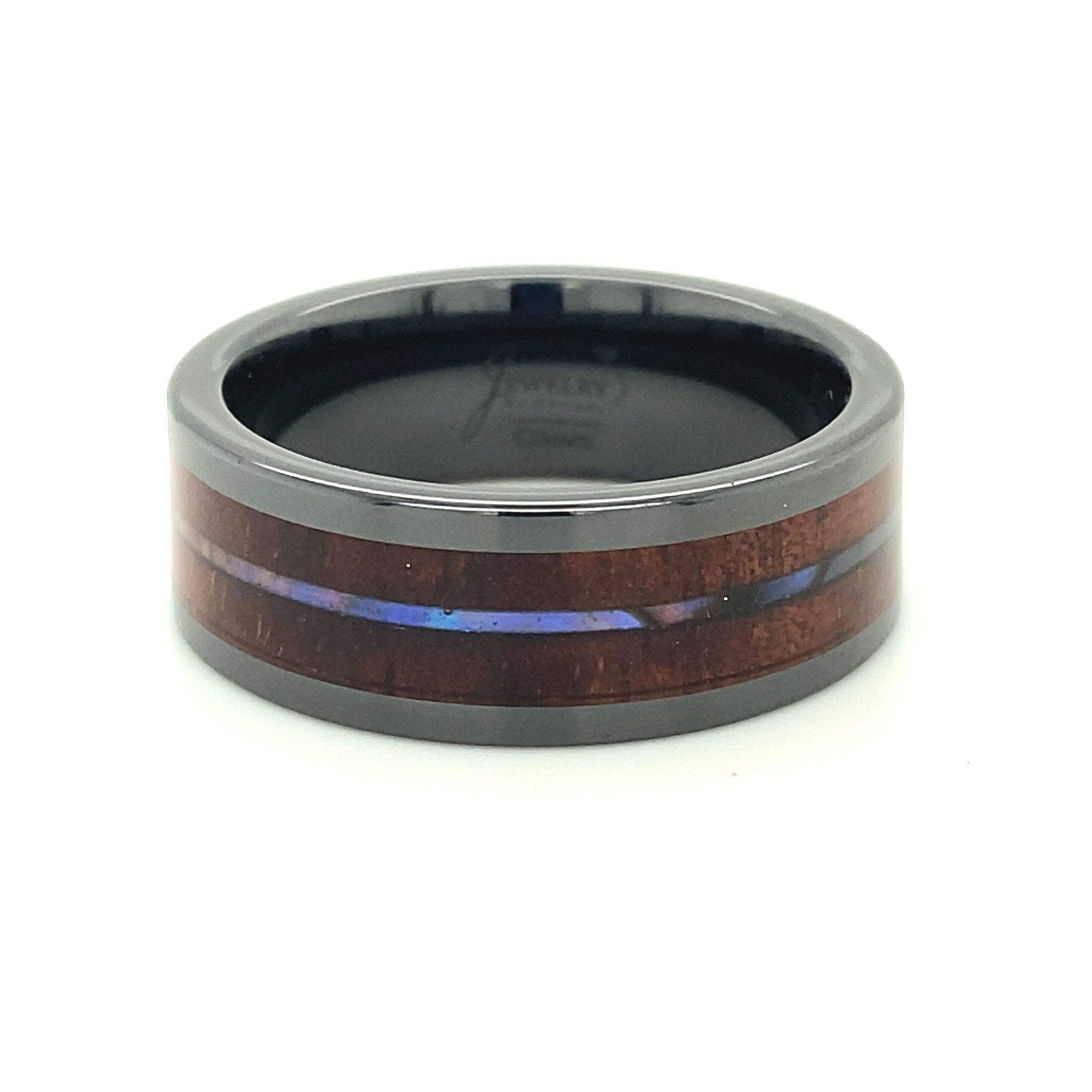 Black Ceramic Comfort Fit Band with Koa Wood and Abalone Inlay