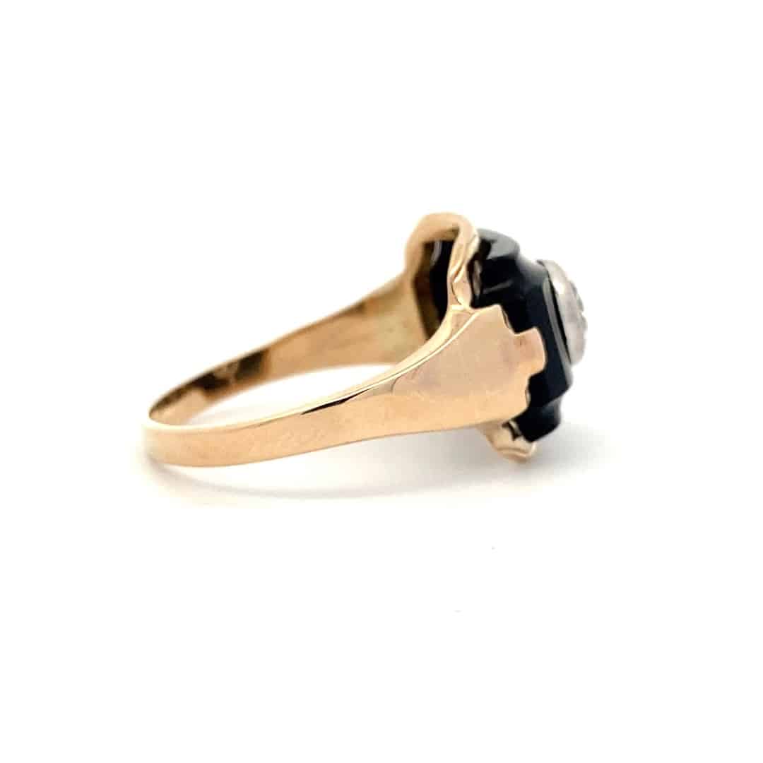 Estate Vintage Onyx and Diamond Ring in 14k Yellow and White Gold
