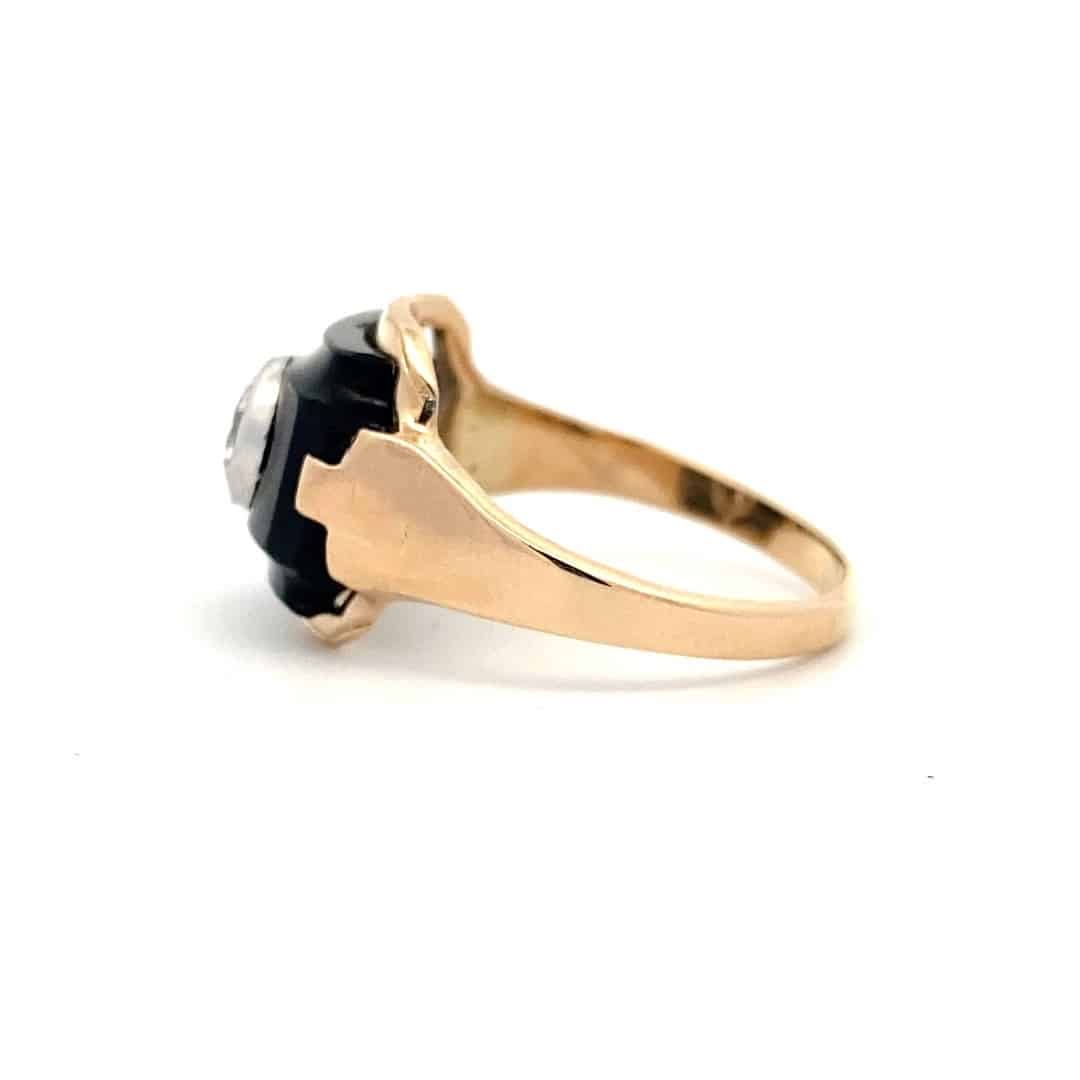 Estate Vintage Onyx and Diamond Ring in 14k Yellow and White Gold