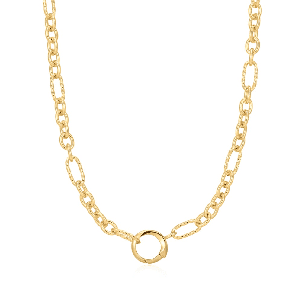 A gold-plated chain necklace with mixed shapes of links and with a ring in the center for holding charms set against a white background. From the Pop Charms Collection by Ania Haie