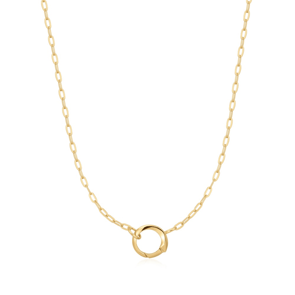 A gold-plated mini link chain necklace with a ring in the center for holding charms set against a white background. From the Pop Charms Collection by Ania Haie