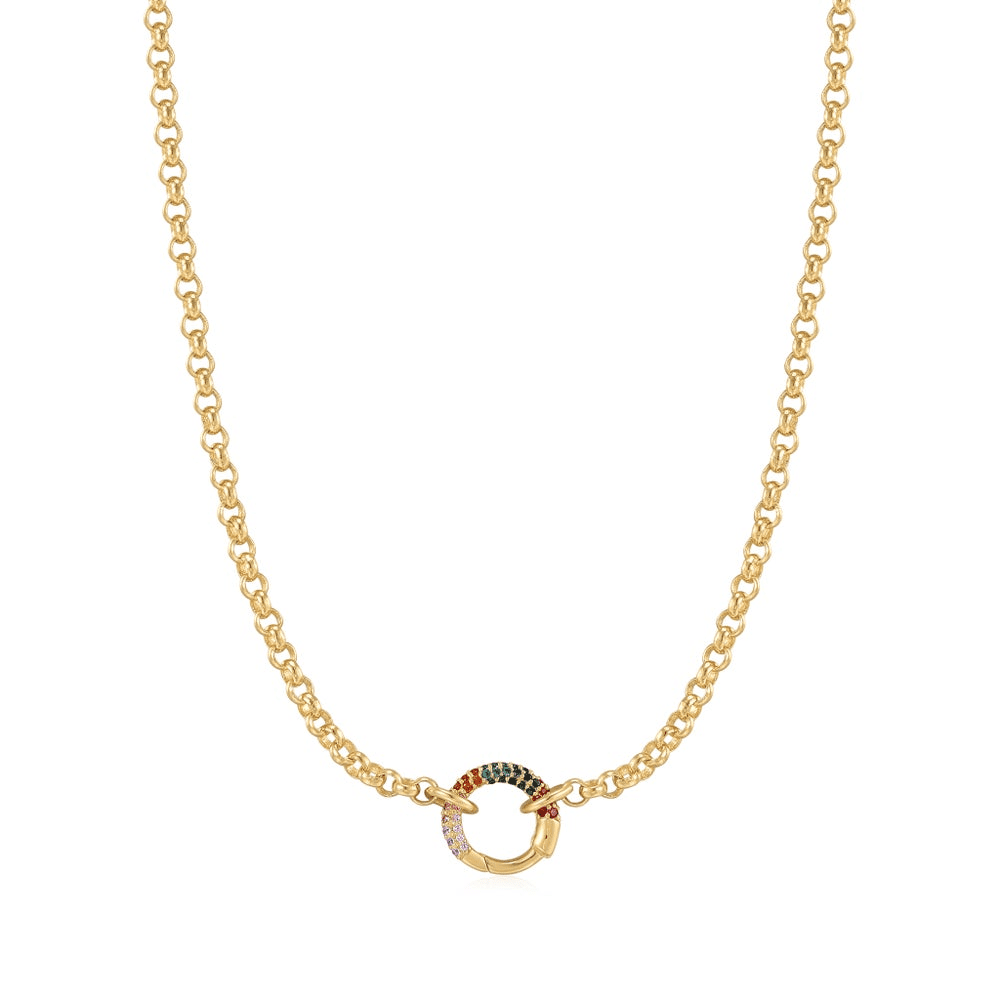 A gold-plated link chain necklace with a ring in the center set with colored stones and able to hold charm set against a white background. From the Pop Charms Collection by Ania Haie