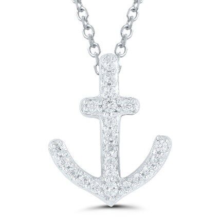 An anchor pendant necklace set with round diamonds