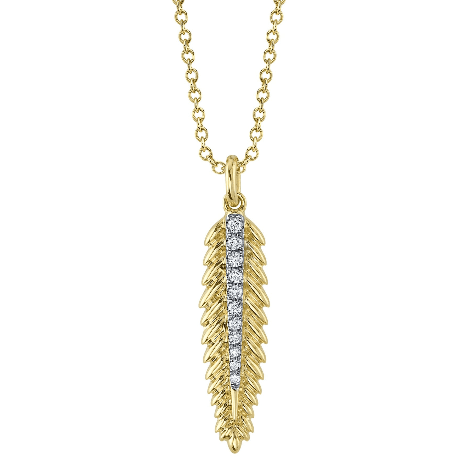 A yellow gold feather pendant necklace set with round brilliant diamonds