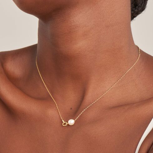 Pearl Link Chain Necklace - gold tone on model
