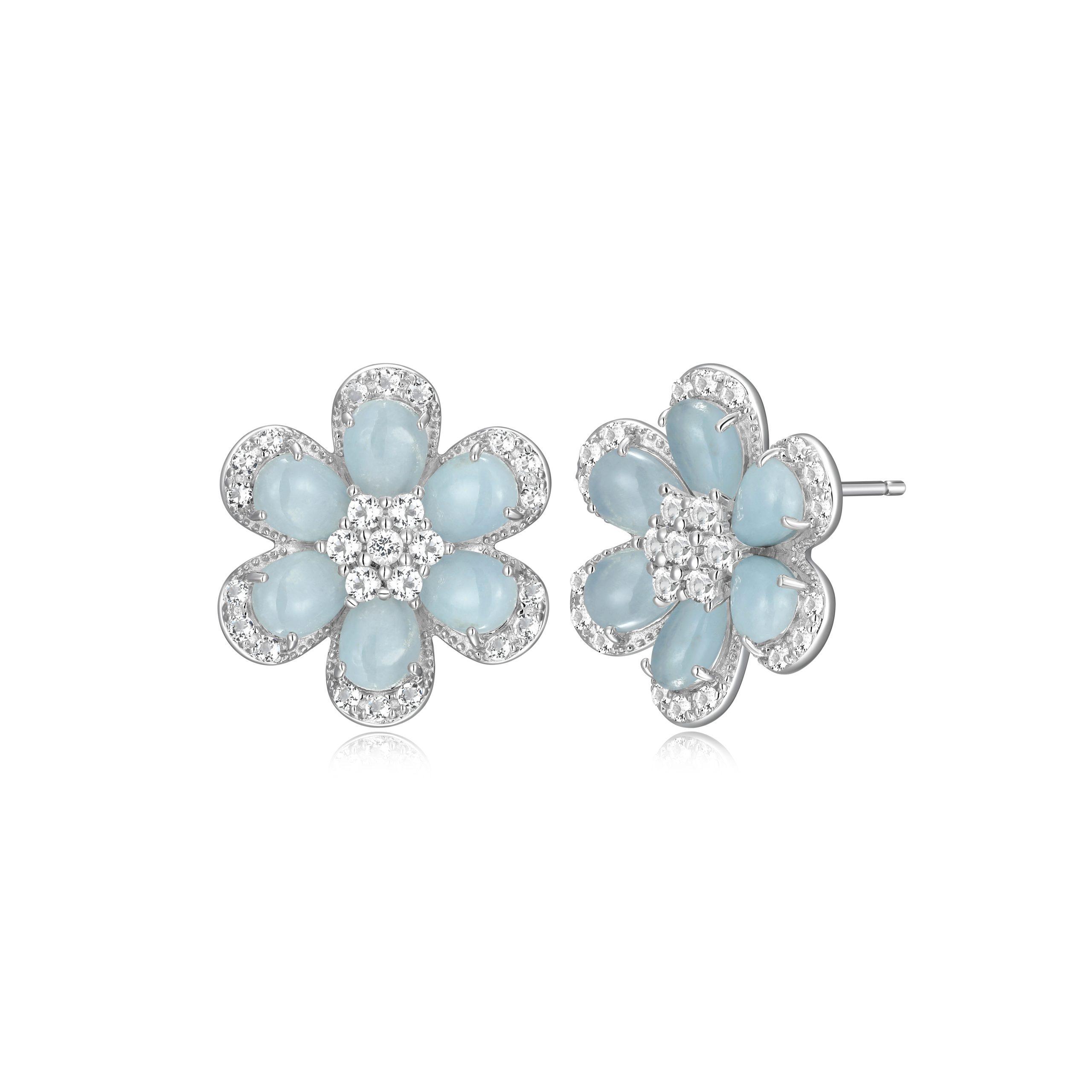 Sterling Silver Aquamarine and White Topaz Flower Stud Earrings