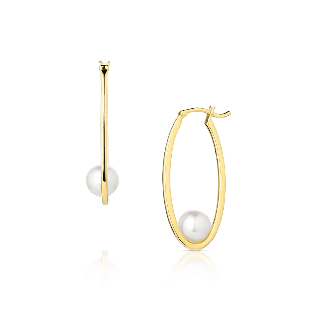 14K Yellow Gold Akoya Pearl Oval Hoop Earrings