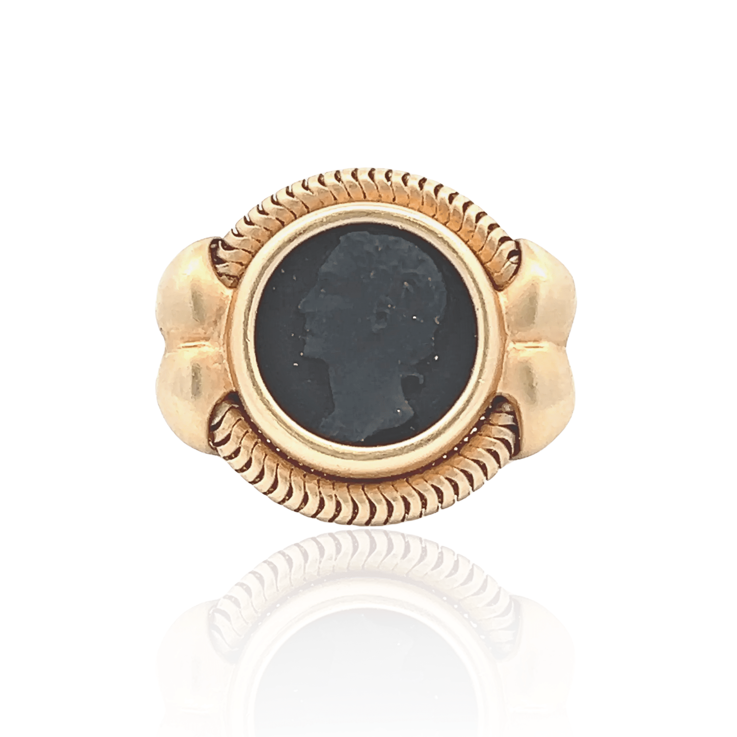 Estate 14K Yellow Gold Black Stone Carved Cameo Statement Ring