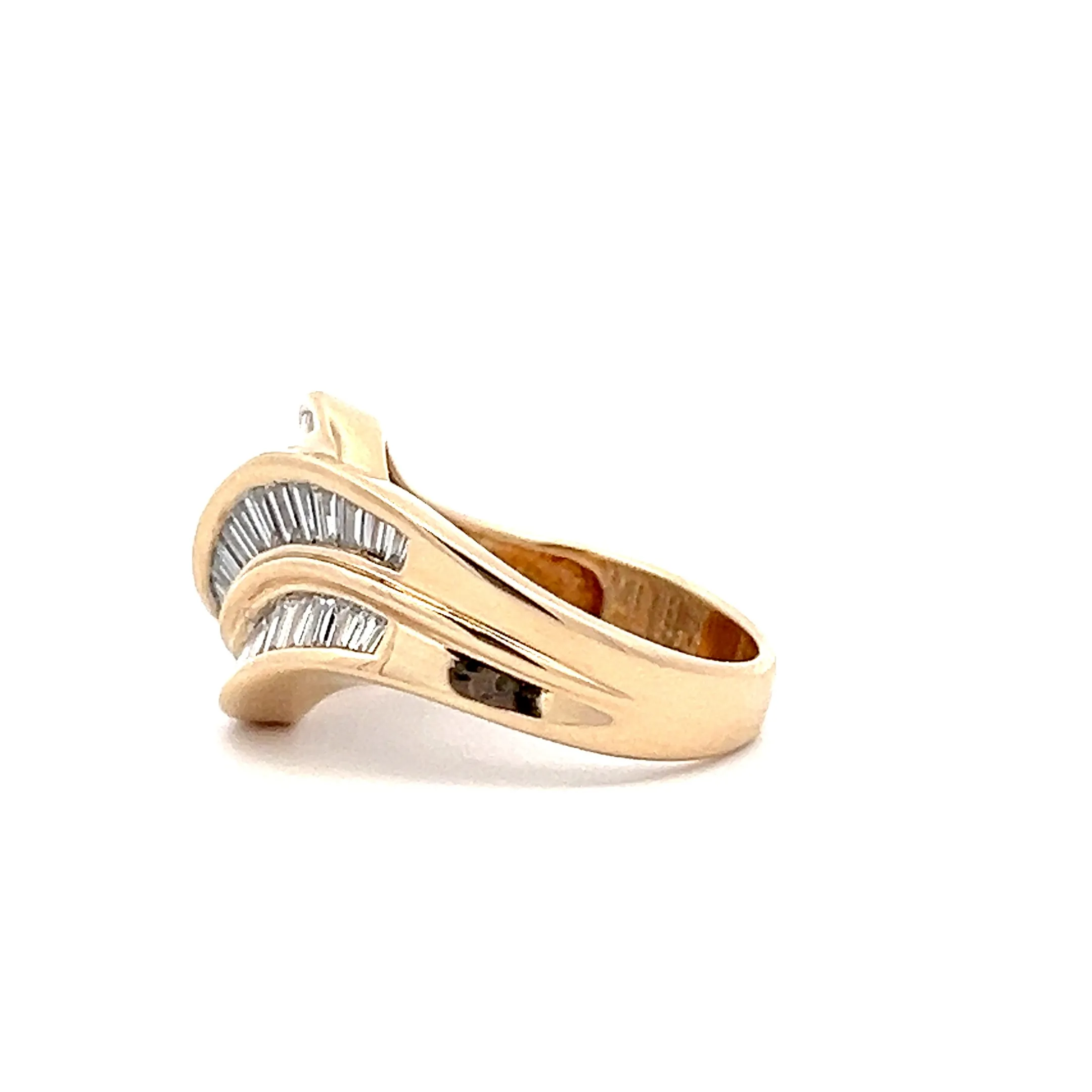 Estate 14K Yellow Gold 0.96ctw Baguette Diamond Swirl Bypass Ring