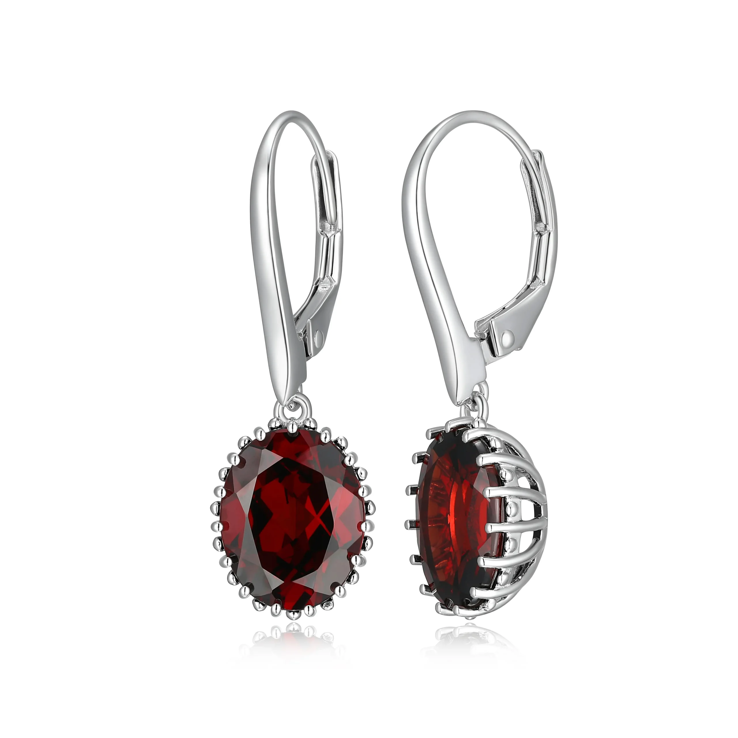 Sterling Silver Oval Garnet Drop Earrings
