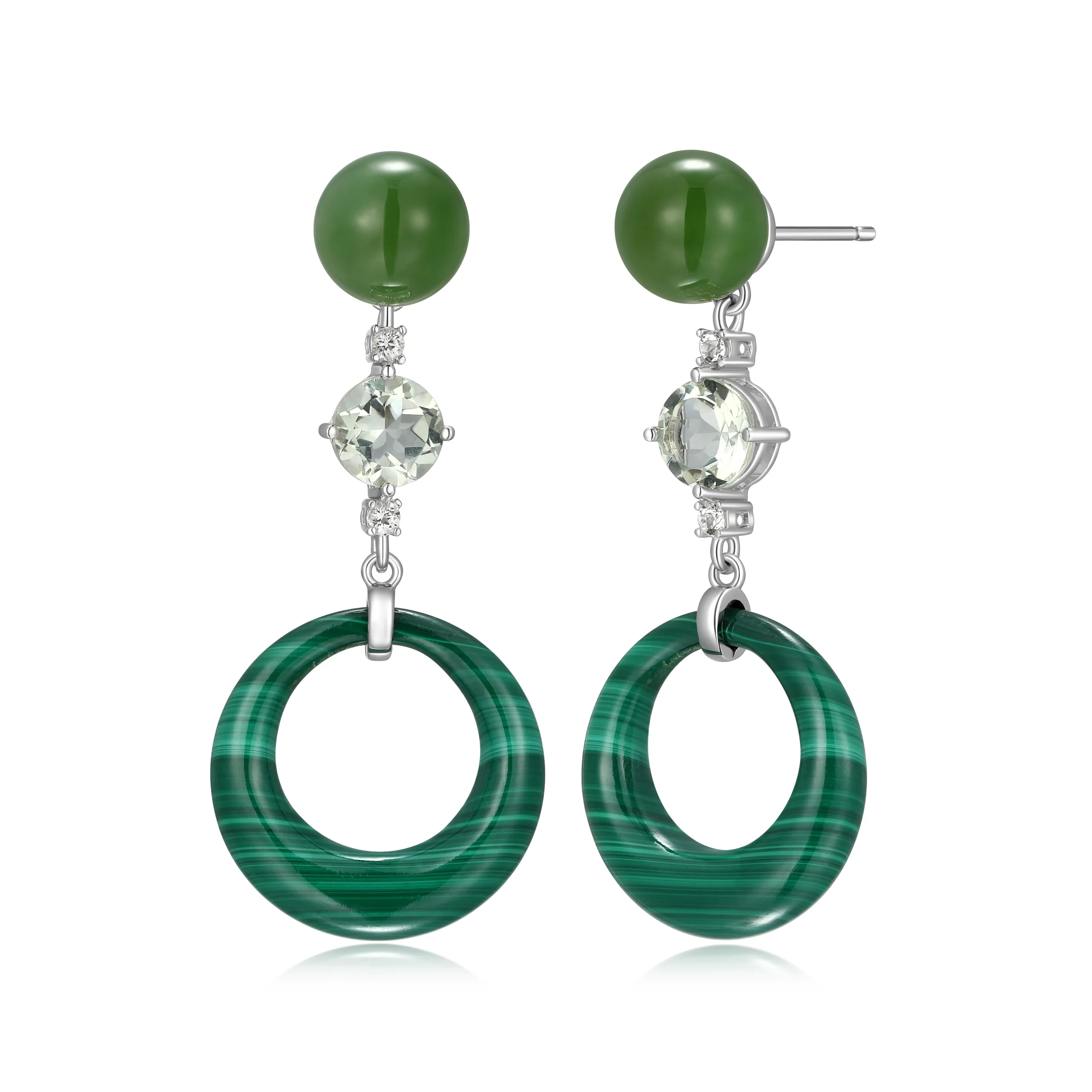 Sterling Silver Malachite, Jade, and Prasiolite Harper Drop Earrings by Samuel B.