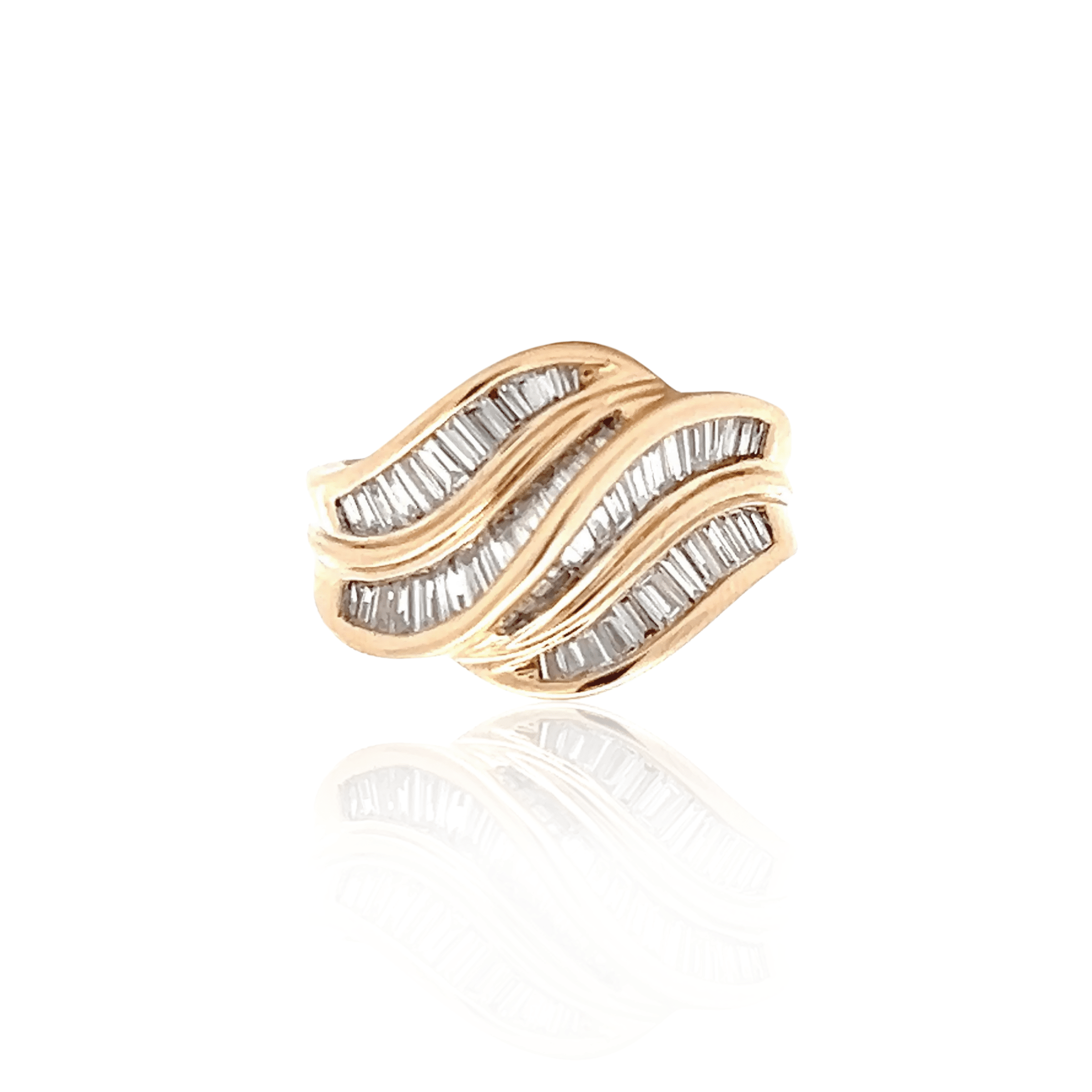 Estate 14K Yellow Gold 0.96ctw Baguette Diamond Swirl Bypass Ring