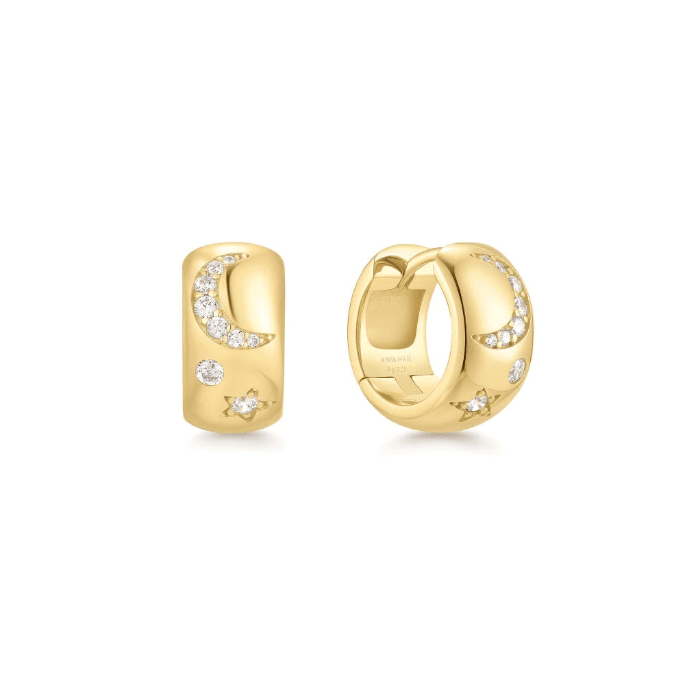 14K Yellow Gold Plated Cubic Zirconia Celestial Huggie Hoop Earrings